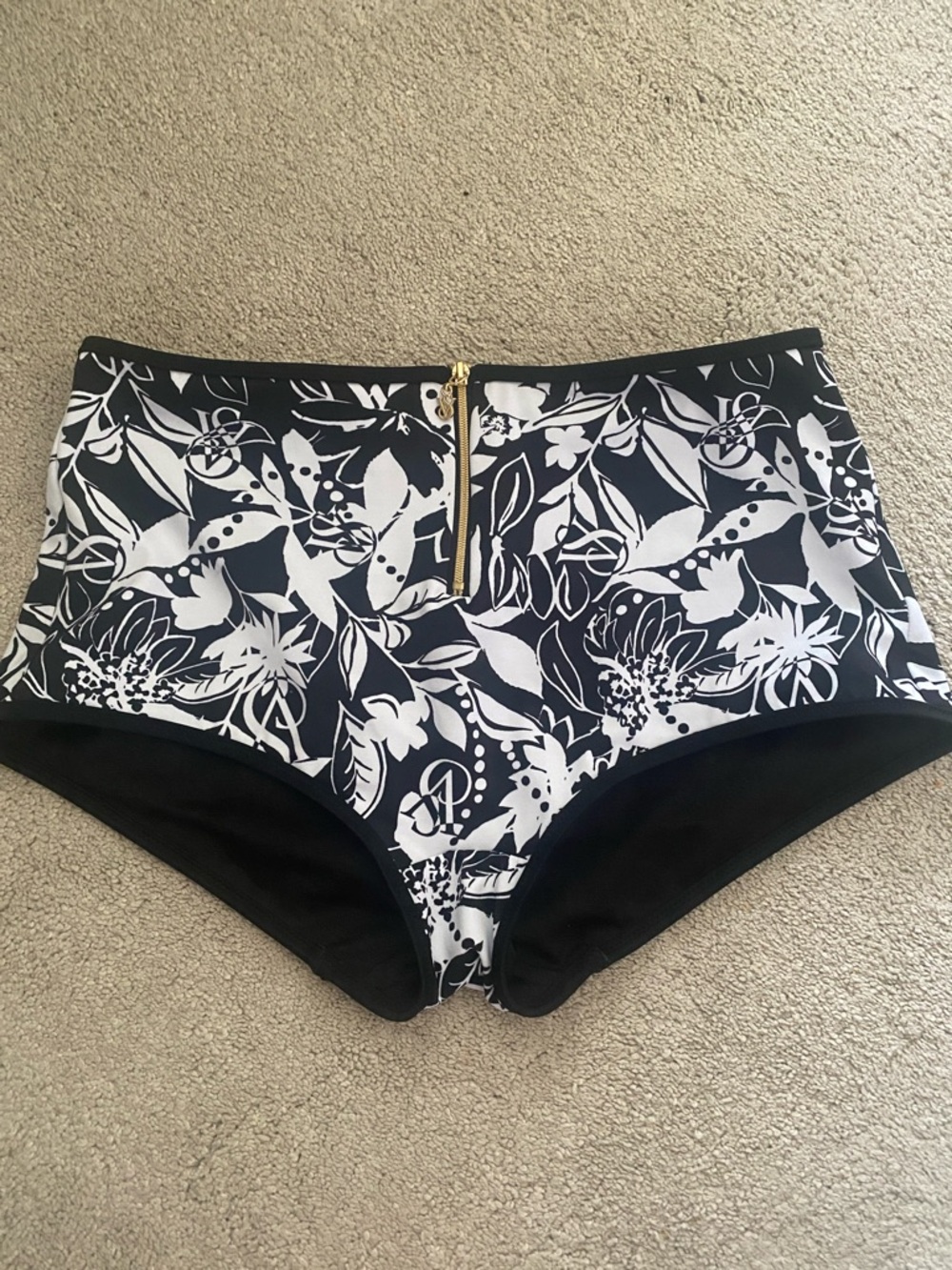 Victoria's Secret Black & White Floral High-Waist bikini Bottom Gold Zip Small